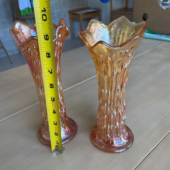 Vintage Rare Set of 2 Fenton Marigold Carnival Amber Glass Vase, Mid-Century - Picture 5 of 8